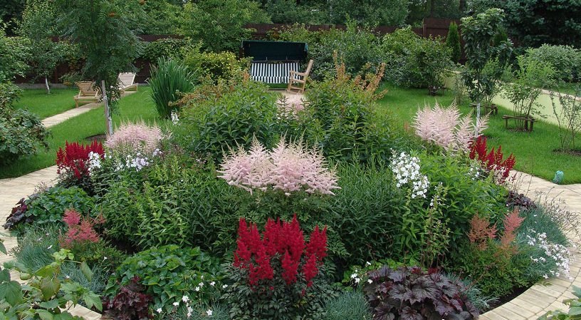 Plate-bande ronde avec symétrie centrale et bonne répartition des plantes.