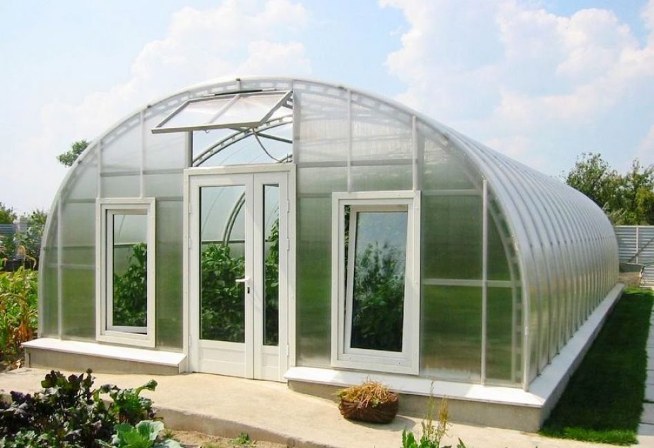 serre avec des fenêtres à part entière et une porte d'entrée en métal-plastique