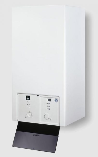 Le modèle a une conception standard - un boîtier en plastique blanc avec des vannes de contrôle sur le panneau avant