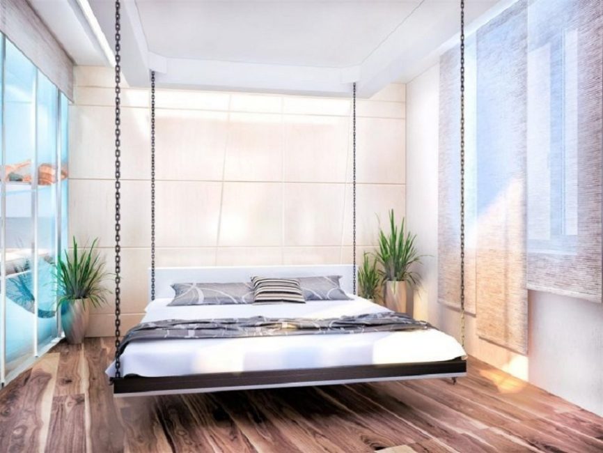 Lit suspendu - une solution de design inhabituelle à l'intérieur de la chambre