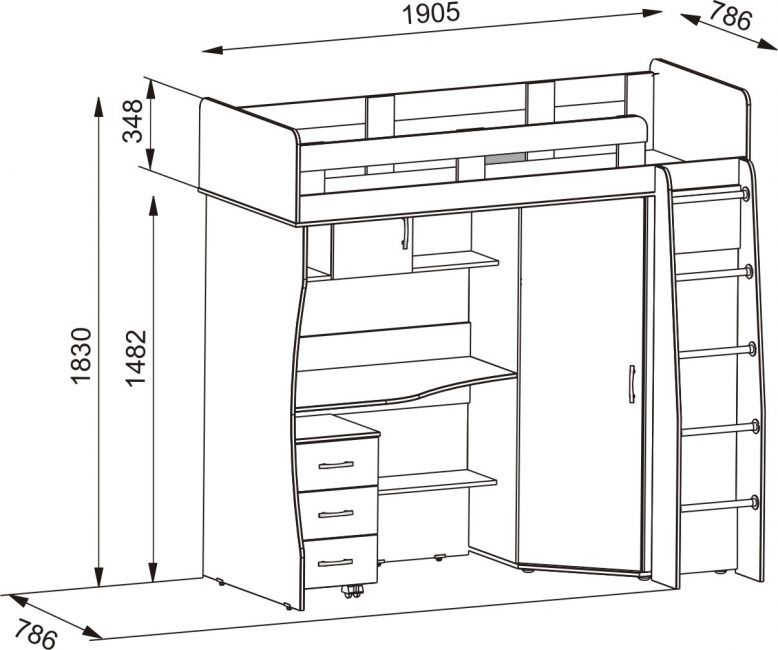Dessin de construction avec un lieu de couchage au sommet et une zone de travail au niveau inférieur