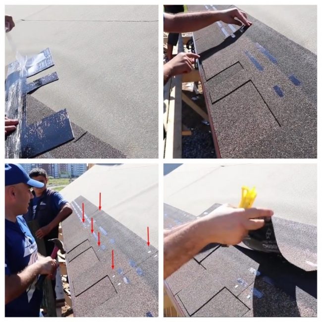 Tuiles rangées, sur couche adhésive et sur clous aux repères