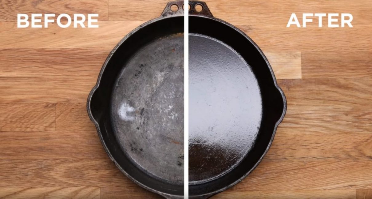 Comparaison d'une poêle à frire avant (à gauche) et après (à droite) le processus de nettoyage et de formation d'un film protecteur