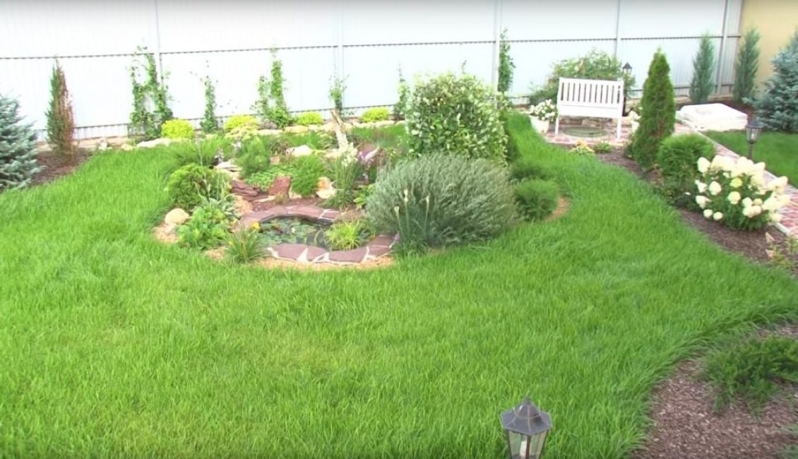 Apparition d'une rocaille et d'un petit réservoir artificiel sur fond de pelouse