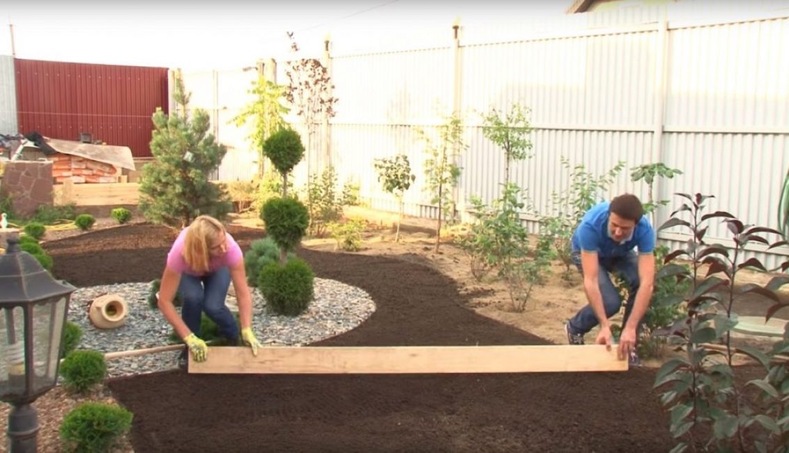 La planche est prise à deux extrémités et elle est réalisée le long de la surface de la pelouse