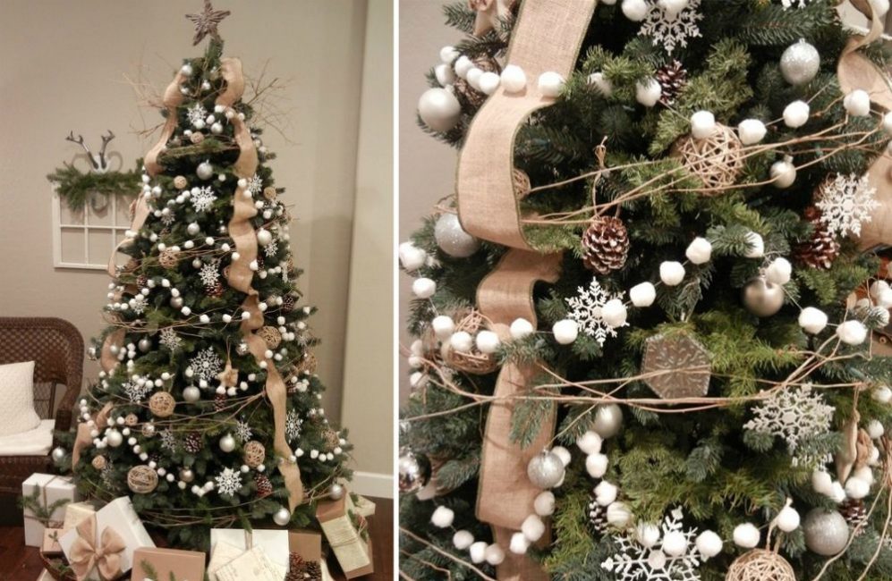 Cet arbre de Noël est un excellent exemple de décor de style écologique. La base de la décoration est un ruban de lin, une guirlande de coton et des tiges de bois