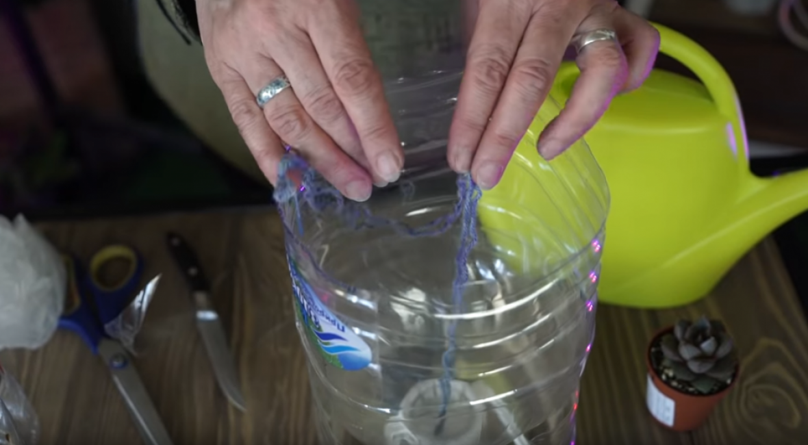 Vous pouvez maintenant verser de la terre dans le récipient. La mèche doit le traverser jusqu'en haut. Ensuite, la plante pourra boire autant que nécessaire.