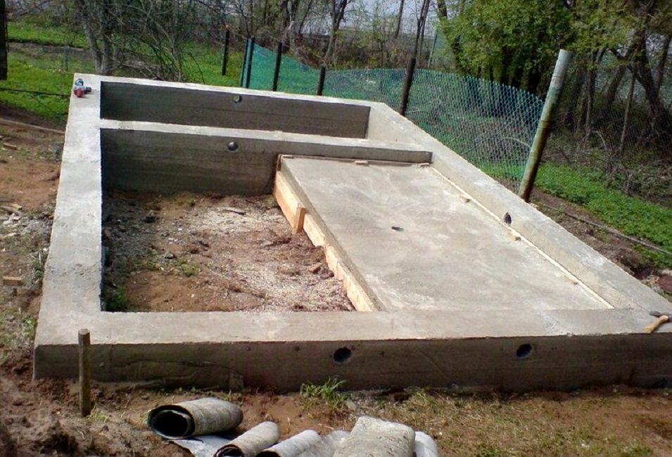 Fondation en bande avec un bol en béton sous le hammam, salle de lavage