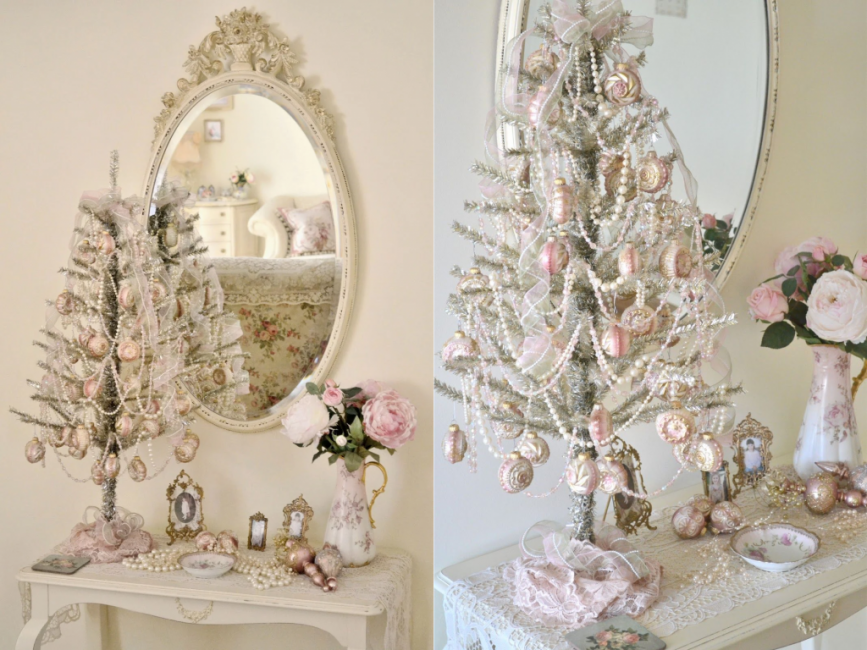 Sapin de Noël Guimauve : tout en rose avec des perles blanches et des rubans en mousseline