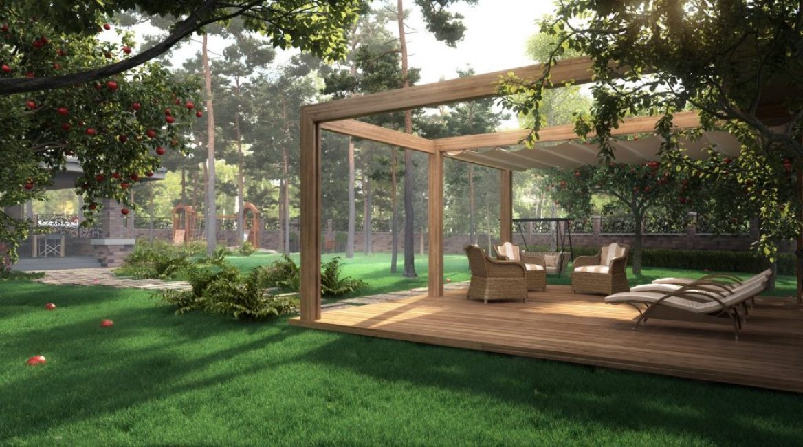 Chaises longues, hamacs, balançoires et fauteuils douillets à l'ombre du verger