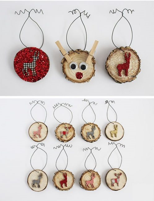 Et encore des cerfs, et ils sont sur des coupes de scie. Un tel Noël champêtre ! Les images d'animaux peuvent être découpées dans du tissu, du carton, du feutre