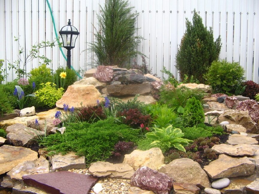 Jardin de rocaille - un parterre de fleurs de type libre avec une clôture en pierre sauvage